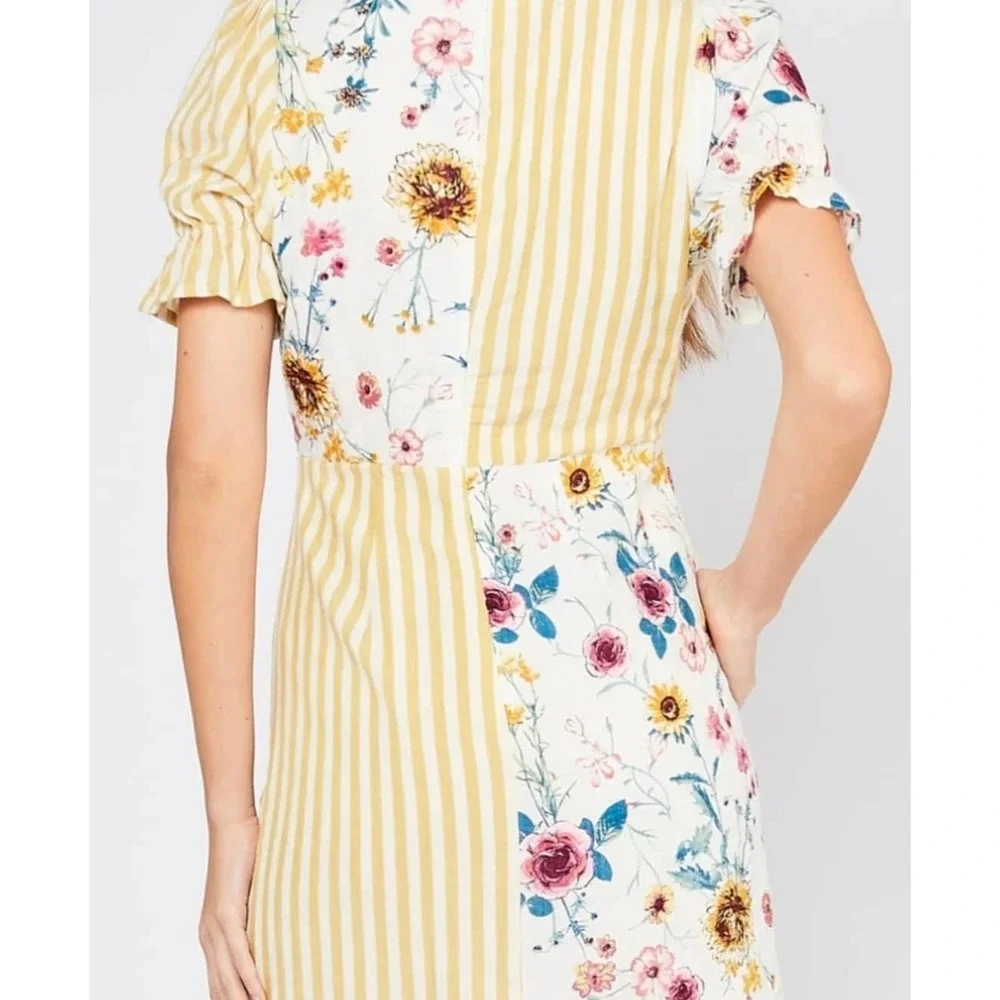 Entro Colorblock Floral Stripe‎ Mini Dress Button Front V Neck Short Sleeve Sz M